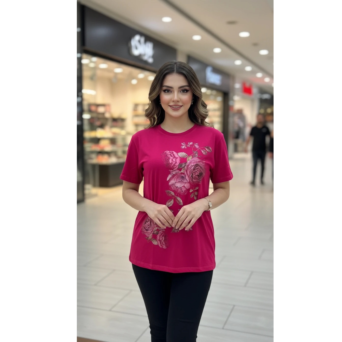 تیشرت زنانه طرح گل رز با تن‌خور لطیف و خنک کد S20 رنگ صورتی